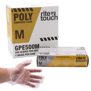PKG DISPOSABLE POLY GLOVES RITE TOUCH MEDIUM 500 X 4 X 5
